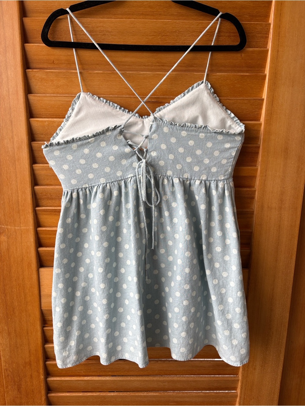 Zara Light Blue Polka Dot Spaghetti Strap Dress with Lace-Up Front and pockets - Picture 4 of 8